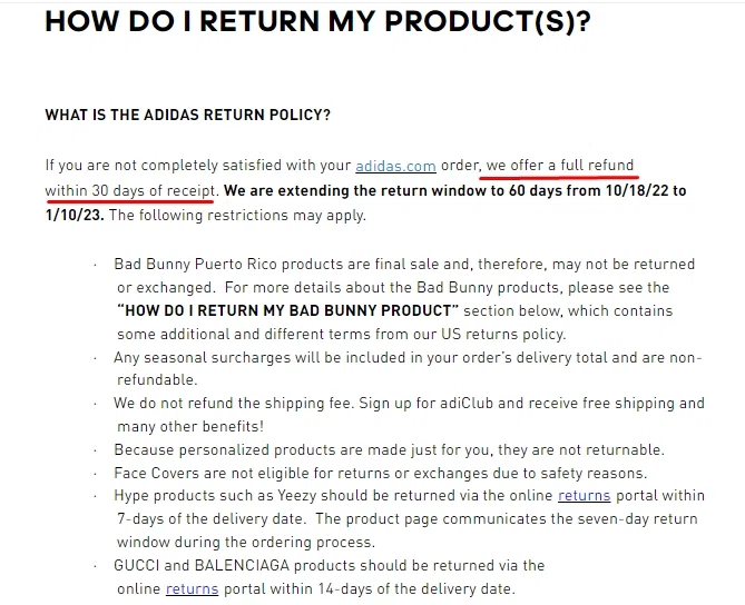 What is Adidas Return Policy?