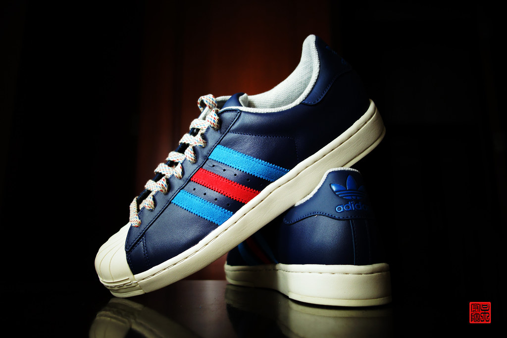 Stylish Adidas Shoes With Blue And Red Stripes